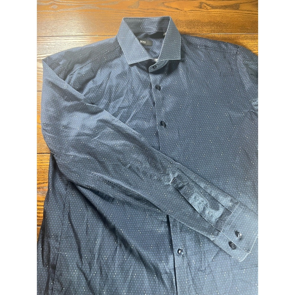 Hugo Boss Spell Out Letter Print Blue Dress Shirt Size 41/16 Slim Fit